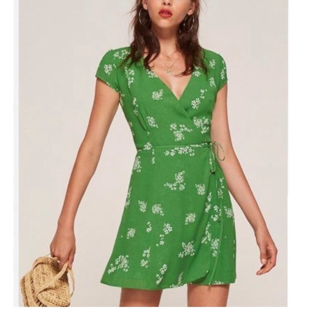 Reformation green floral wrap dress
